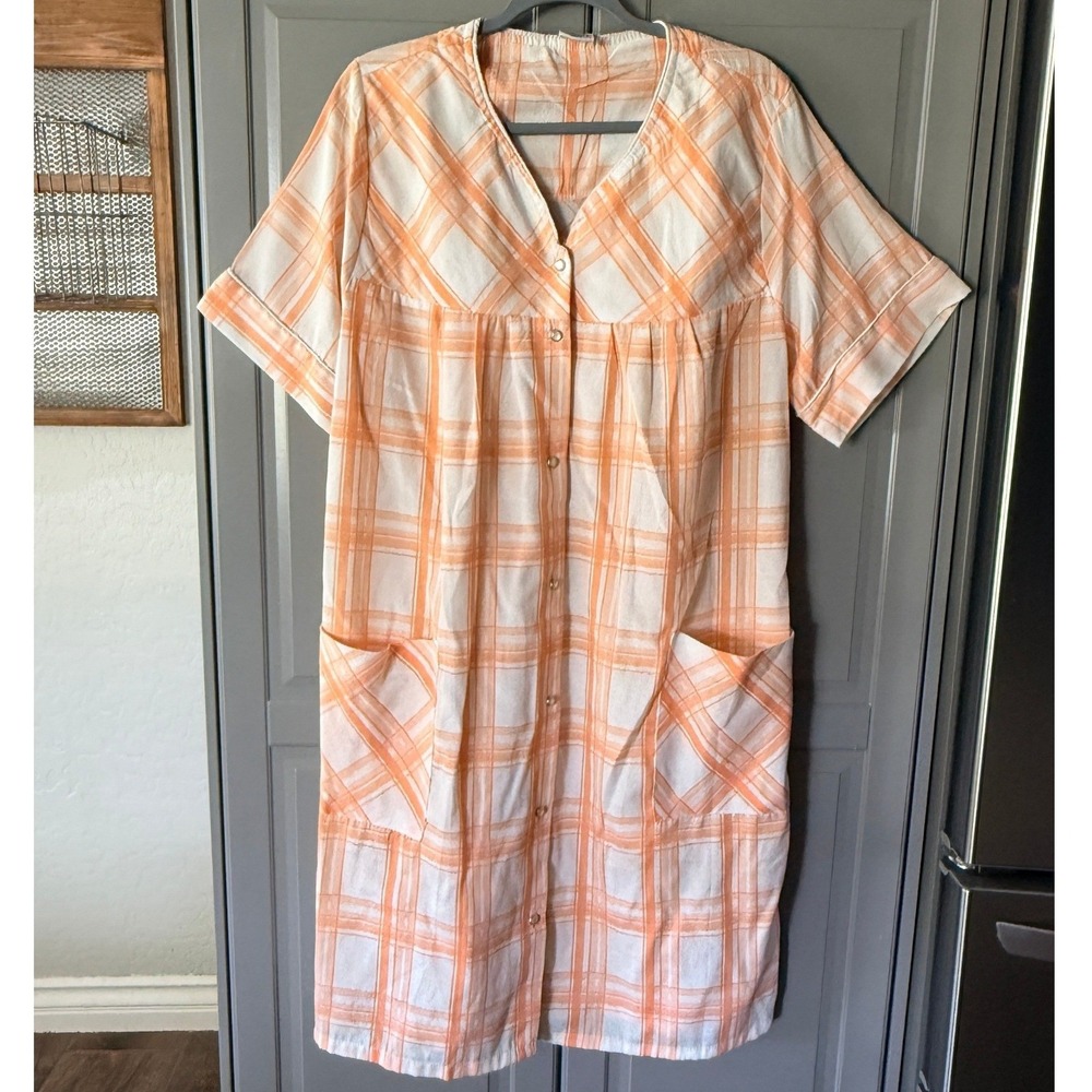 Sindrella Vintage Womens Plaid Button Front House Dress, Orange White , L